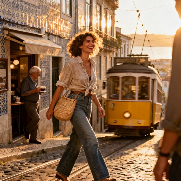 Rua de paralelos em Lisboa com elétrico, ideal para explorar a pé